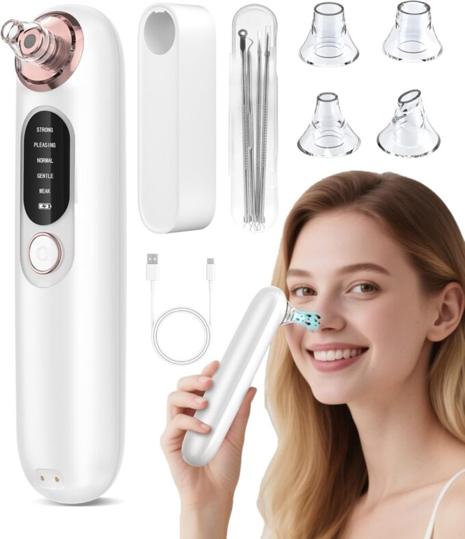 5-Speed ​​Blackhead Remover for Sensitive Skin, Wireless Charging Face Pore Cleanser with 4 Removable Heads and Stainless Steel Kit | 30-Second Keratin Softening, Hypoallergenic Deep Cleansing